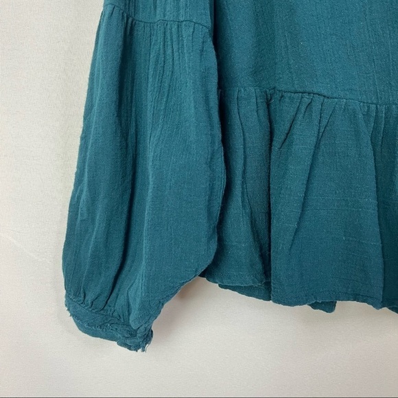Free People Teal Blue Gauze Cotton Peplum Open Back Long Sleeve Blouse XS - Picture 3 of 4